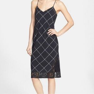 NWT 1.State Nordstrom Rich Black Windowpane Lace Hem Slip Dress Large Dressy